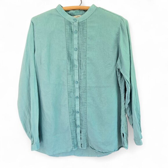 L.L.Bean Tops - L.L.Bean Womens Medium Turquoise Linen Button-Down Long Sleeve Shirt Pintuck